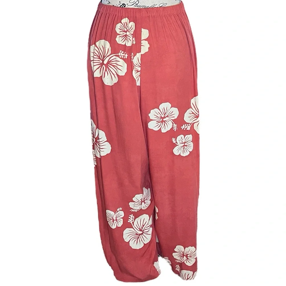 Sarong Coral Hawaiian Pant with Cream Hibiscus Flower Print 🌺 Plus Size 2X - Picture 3 of 6